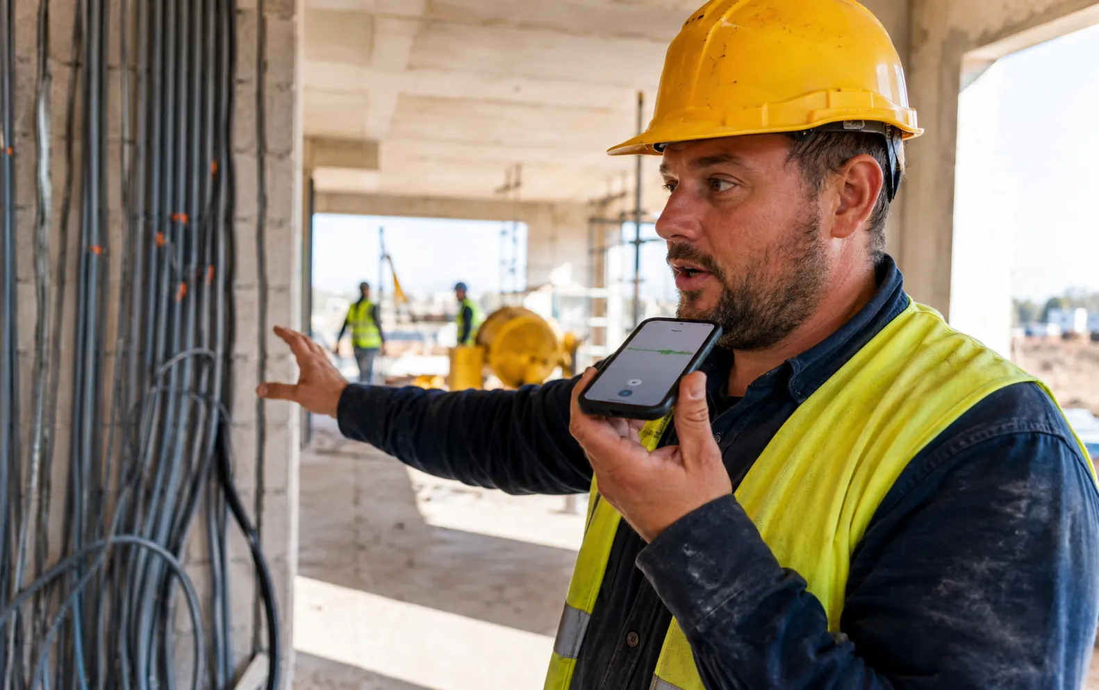 Construction tradesperson dictating a voice quote from the job site