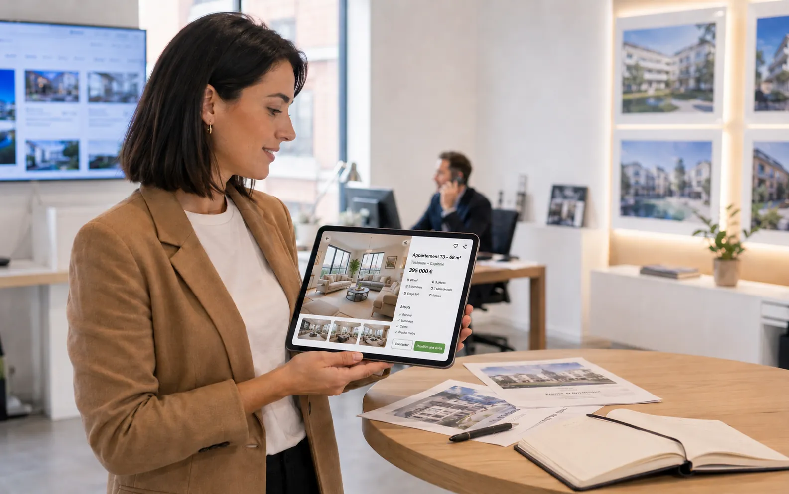 Real estate agent with lead pipeline on tablet